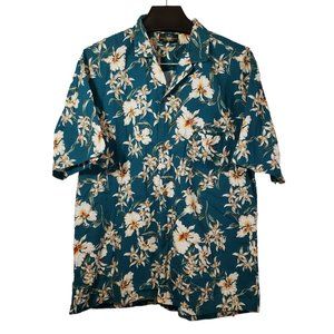 VTG Royal Creations Button Up Hawaiian Shirt Teal Vanilla Orchid Floral Camp